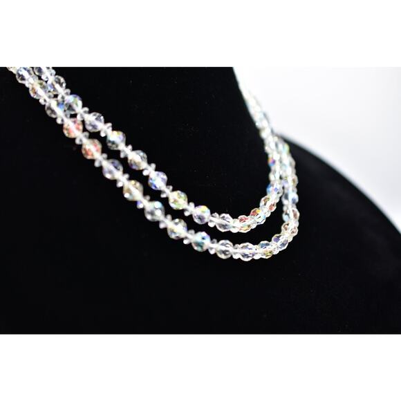 Vintage Aurora Borealis Crystal Double Strand Beaded Collar Necklace Shiny BinA - Picture 2 of 12